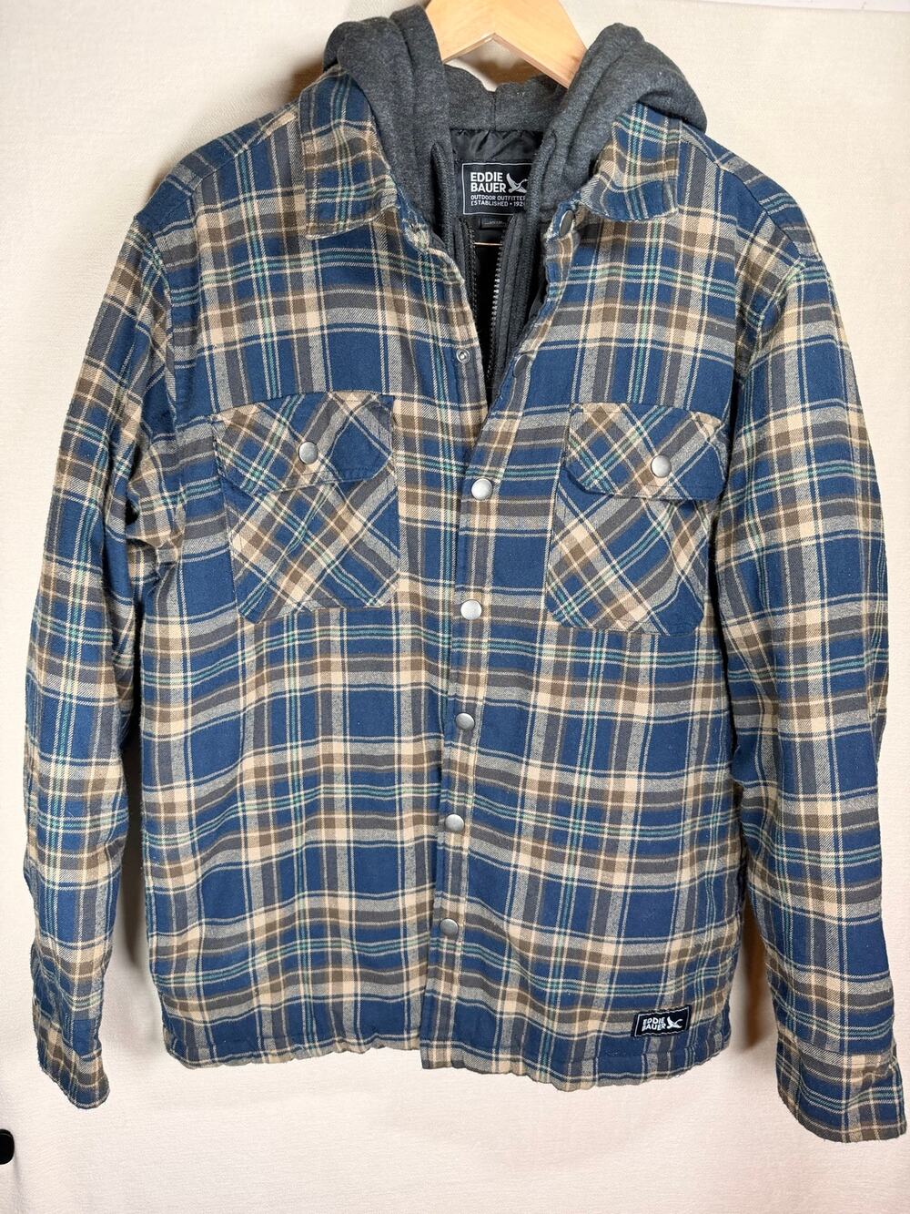 Eddie Bauer Mens M Hooded Flannel Shirt Jacket Blue Plaid Quilted Lined Shacket